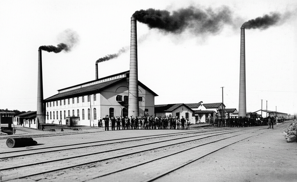 Foto antiga em preto e branco de uma fábrica têxtil em Sorocaba no início do século XX, com chaminés e trilhos de trem, simbolizando a era industrial.