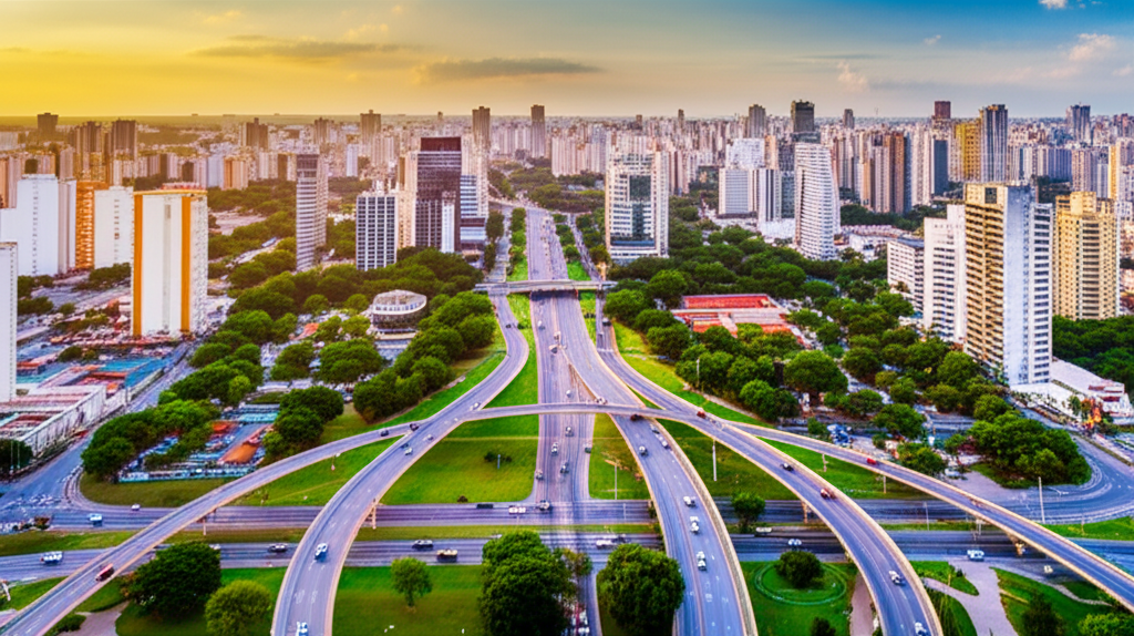 Vista aérea panorâmica de Sorocaba moderna ao pôr do sol, mostrando arranha-céus, avenidas movimentadas e parques urbanos.
