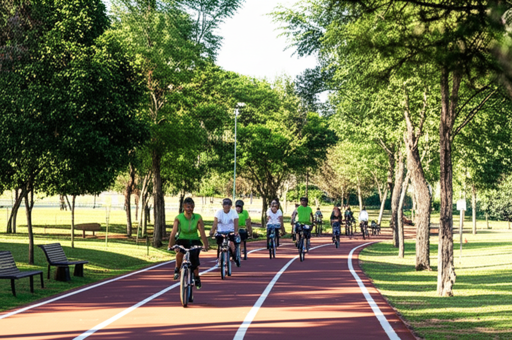 Pessoas caminhando e pedalando em uma ciclovia bem cuidada dentro de um parque urbano em Sorocaba, com árvores e áreas verdes ao redor.