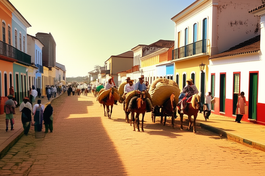 Pintura a óleo de uma rua de Sorocaba no século XIX, com tropeiros, mulas carregadas e casarões coloniais, evocando a era tropeira.