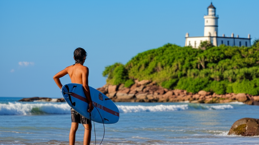 Surfista observando as ondas com o Farol de Itacaré ao fundo Um surfista solitário de costas, observando as ondas do mar em Itacaré, com o Farol de Itacaré visível no topo do morro ao fundo, sob um céu azul claro.