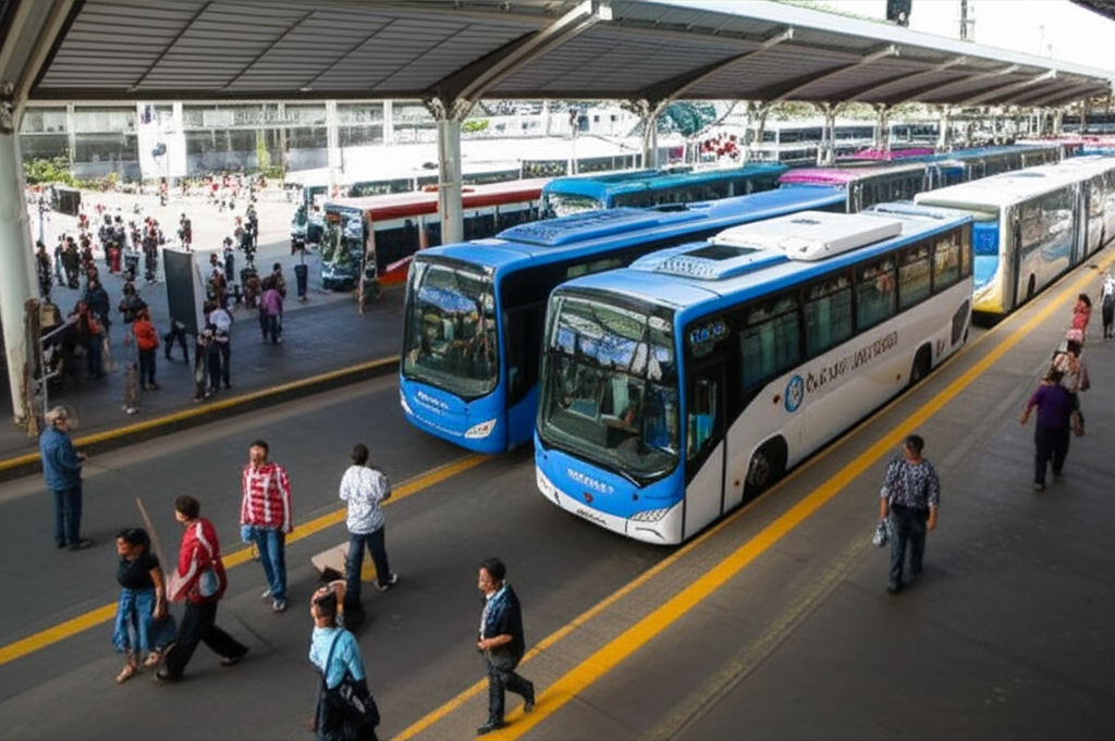 Vista moderna e movimentada do Terminal São Paulo em Sorocaba, com ônibus estacionados nas plataformas, pessoas circulando e a estrutura coberta em um dia ensolarado.
