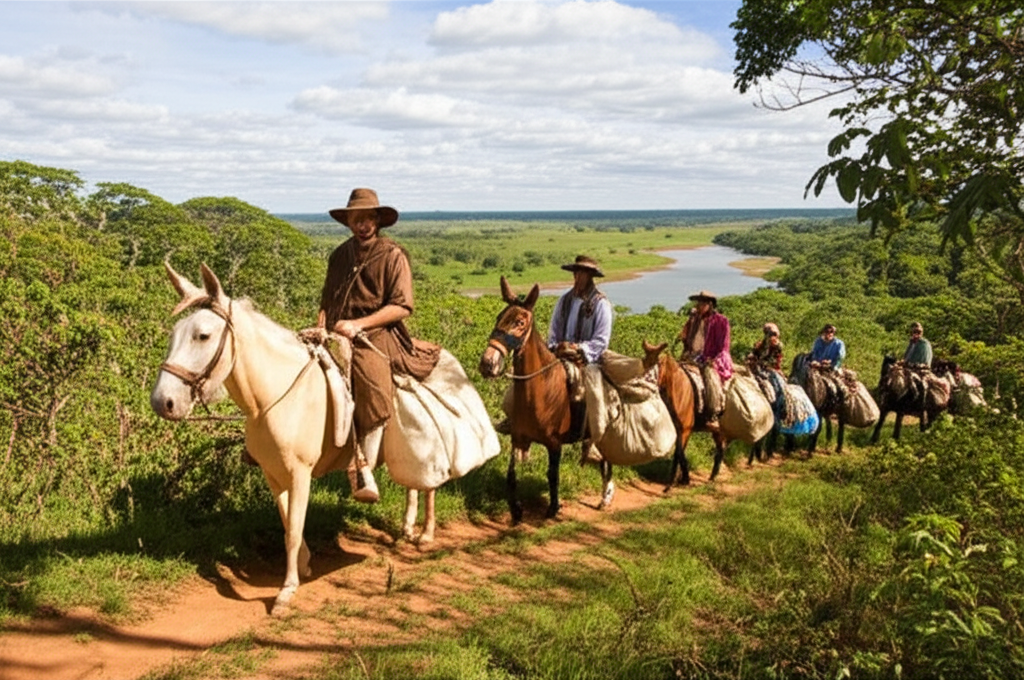 Um grupo de tropeiros montados em mulas, atravessando uma paisagem rural brasileira, com vegetação densa e um rio ao fundo, sob a luz do sol, em uma representação histórica.