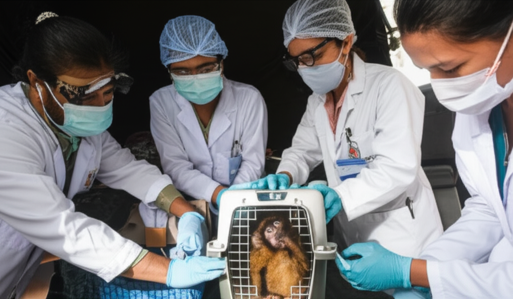 Equipe de veterinários e biólogos, usando luvas e equipamentos de proteção, examinando e monitorando um animal (ex: primata ou pequeno felino) dentro de uma caixa de transporte especializada, com cuidado e atenção.