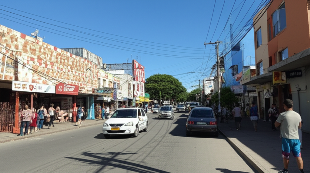 Vista da movimentada Rua Nogueira Padilha na Vila Hortência, Sorocaba, com comércios e tráfego.