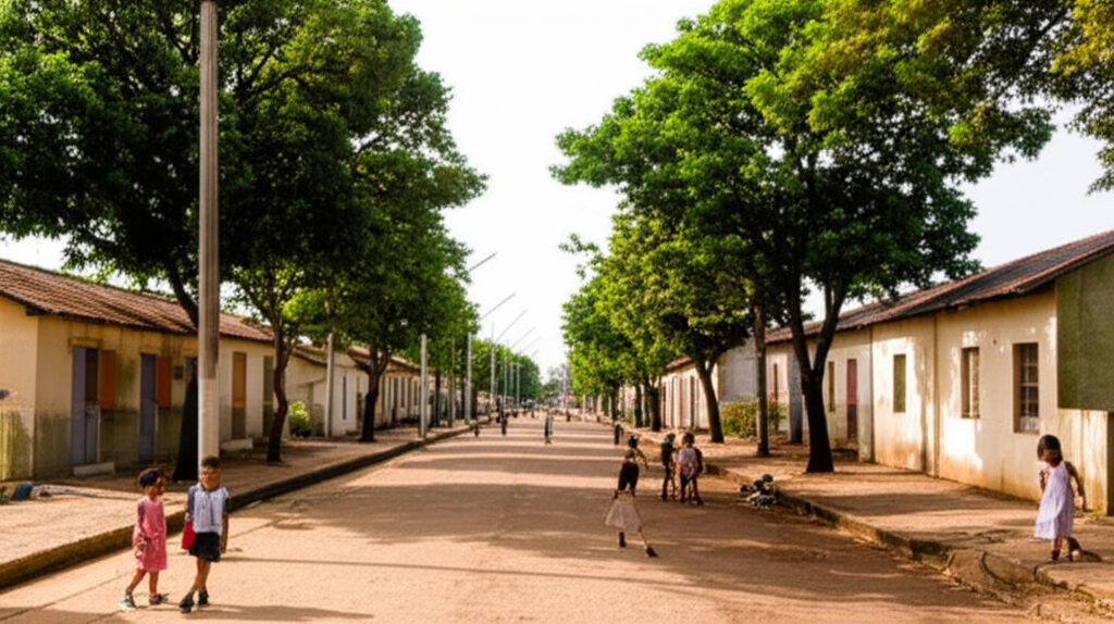 Vista de uma vila operária antiga, com casas simples e ruas arborizadas, onde famílias de operários interagem, simbolizando a comunidade e o suporte social oferecido pela fábrica.