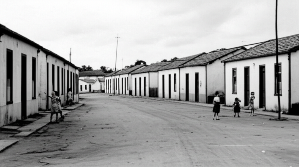 Foto antiga preto e branco de uma votorantim, com casas trabalhadores ruas arborizadas