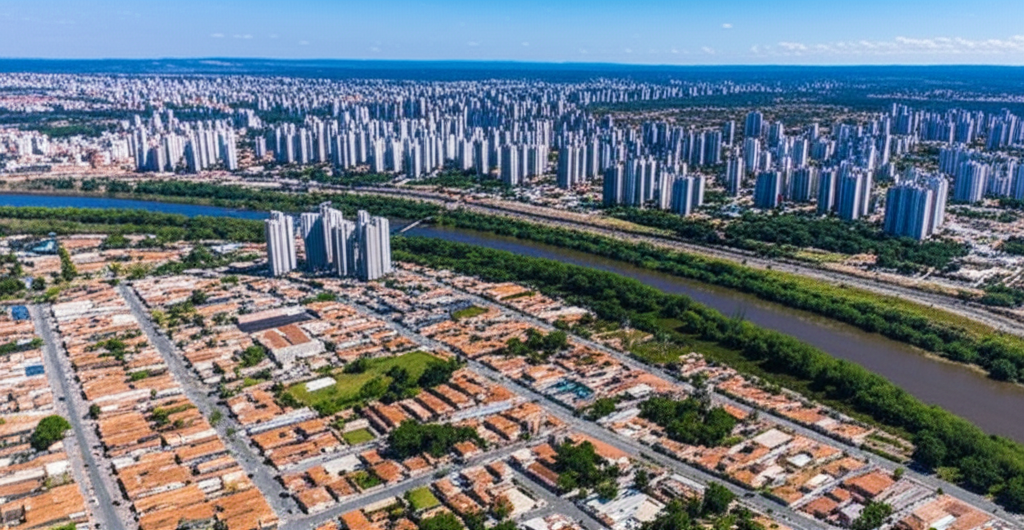 Vista aérea panorâmica de Sorocaba, mostrando o Rio Sorocaba e a densidade urbana, com a Vila Hortência ao fundo.