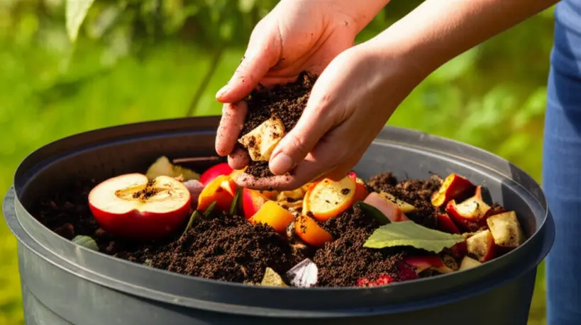 Pessoas preparando adubo orgânico caseiro, com restos de frutas, vegetais, borra de café e cascas de ovos em um recipiente, demonstrando a prática da compostagem doméstica.