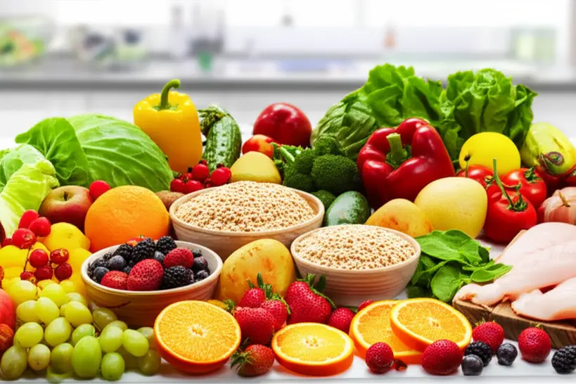 Mesa farta com frutas, vegetais e grãos integrais