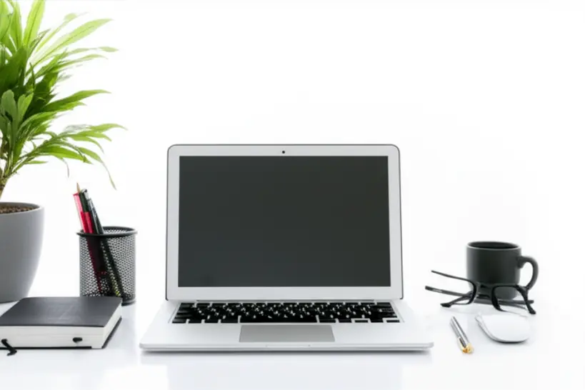 Foto realista de uma mesa de escritório limpa e organizada com um laptop, planta e poucos itens, simbolizando um ambiente de trabalho otimizado e propício ao foco. Estilo Foto Realista, Cenário escritório moderno, Plano de Fundo desfocado, Iluminação natural, Lente grande angular, Angulo frontal, Paleta de Cores neutras, Formato 16x9.