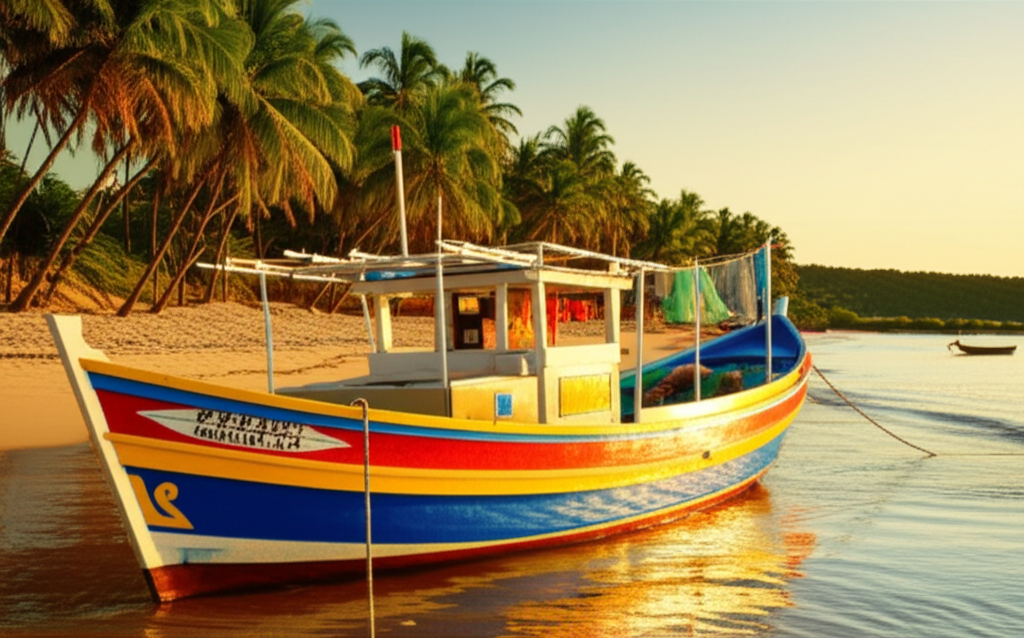 Barco de pesca artesanal ancorado em praia secreta de Ubatã, com redes de pesca ao sol