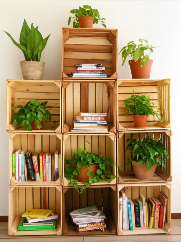 Caixotes de feira de madeira lixados e pintados, empilhados para formar uma estante com livros e plantas.