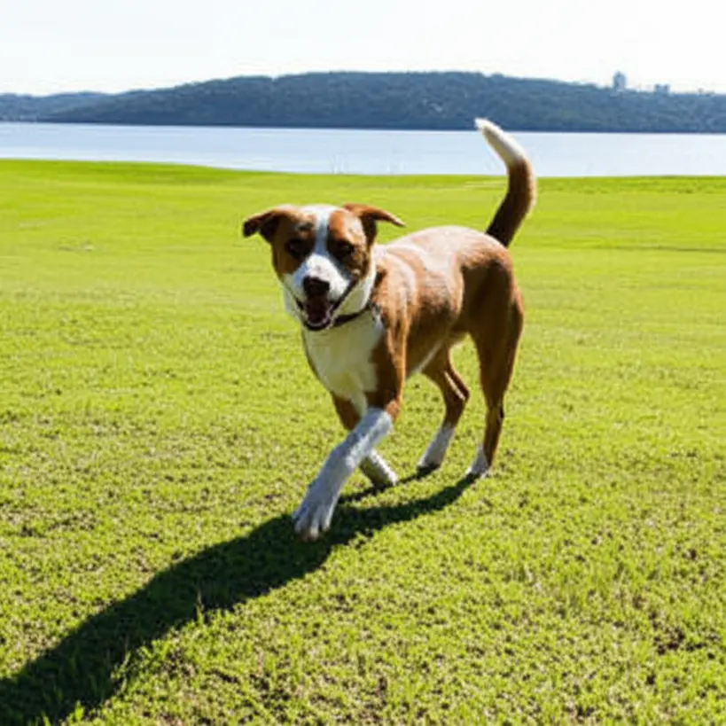 Cão de porte médio brincando em um gramado verde com o Lago Paranoá ao fundo em um dia ensolarado