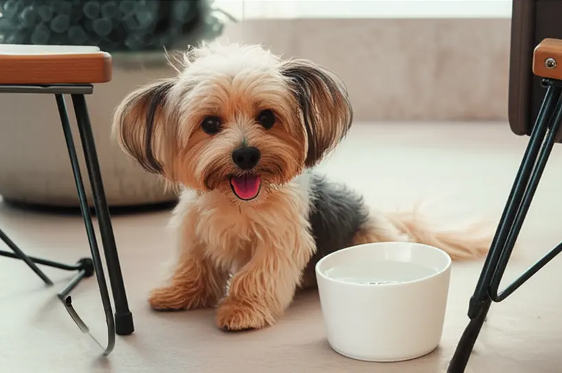 Cão pequeno e fofo sentado ao lado de uma mesa em uma área externa de um café, com um pote de água ao lado