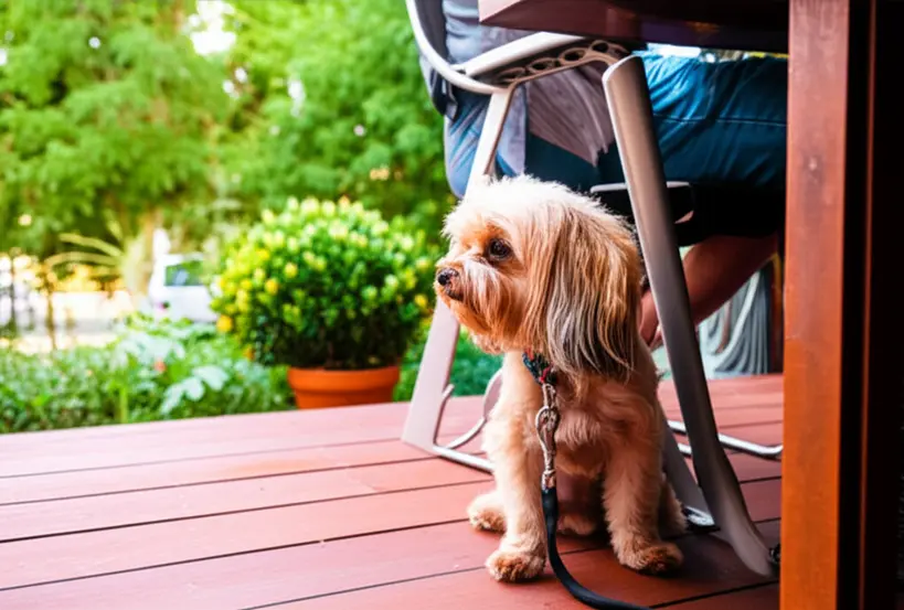Cachorro de porte pequeno sentado calmamente ao lado de seu dono em uma mesa de café com área externa pet-friendly em Recife