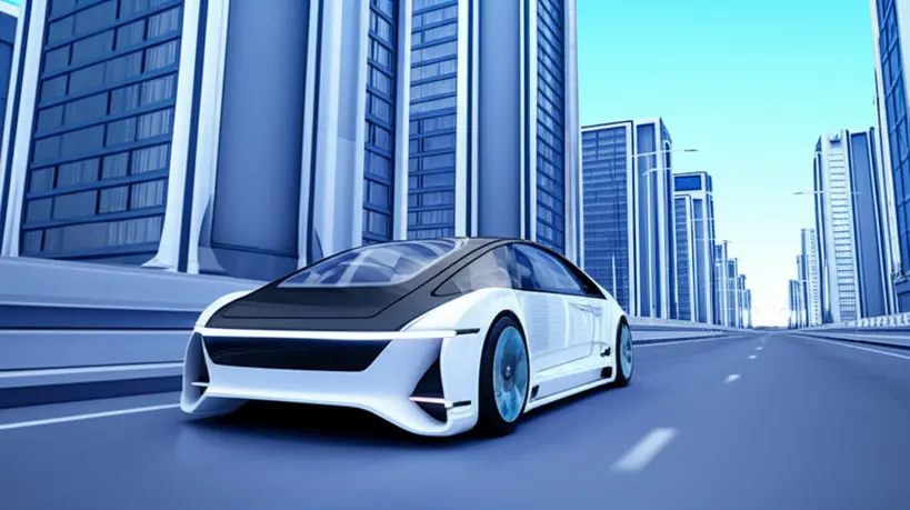 Um carro autônomo futurista, sem motorista, navegando por uma rua moderna e bem iluminada de uma cidade. Estilo Ilustração. Cenário: Rua urbana com edifícios futuristas. Plano de Fundo: Céu azul claro com alguns arranha-céus. Iluminação: Brilhante e uniforme. Lente: Perspectiva ampla. Ângulo: Nível dos olhos. Paleta de Cores: Tons de azul, cinza e branco.