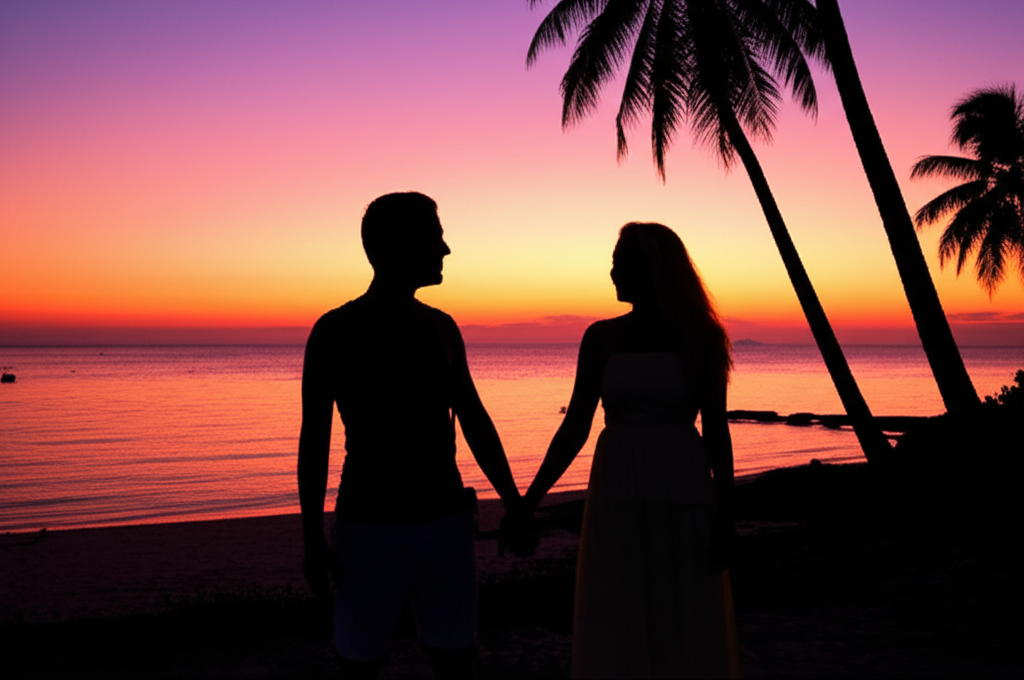 Um casal de mãos dadas, silhuetado contra um pôr do sol vibrante em Itaparica, com o mar ao fundo e coqueiros.