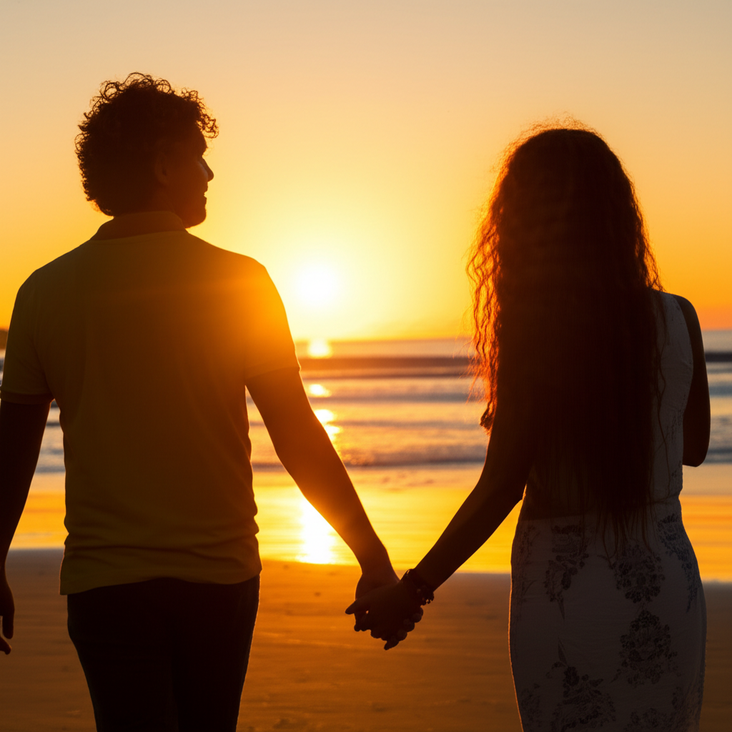 Casal de mãos dadas observando o pôr do sol dourado sobre as ondas em Itacaré, com tons de laranja e roxo no céu.