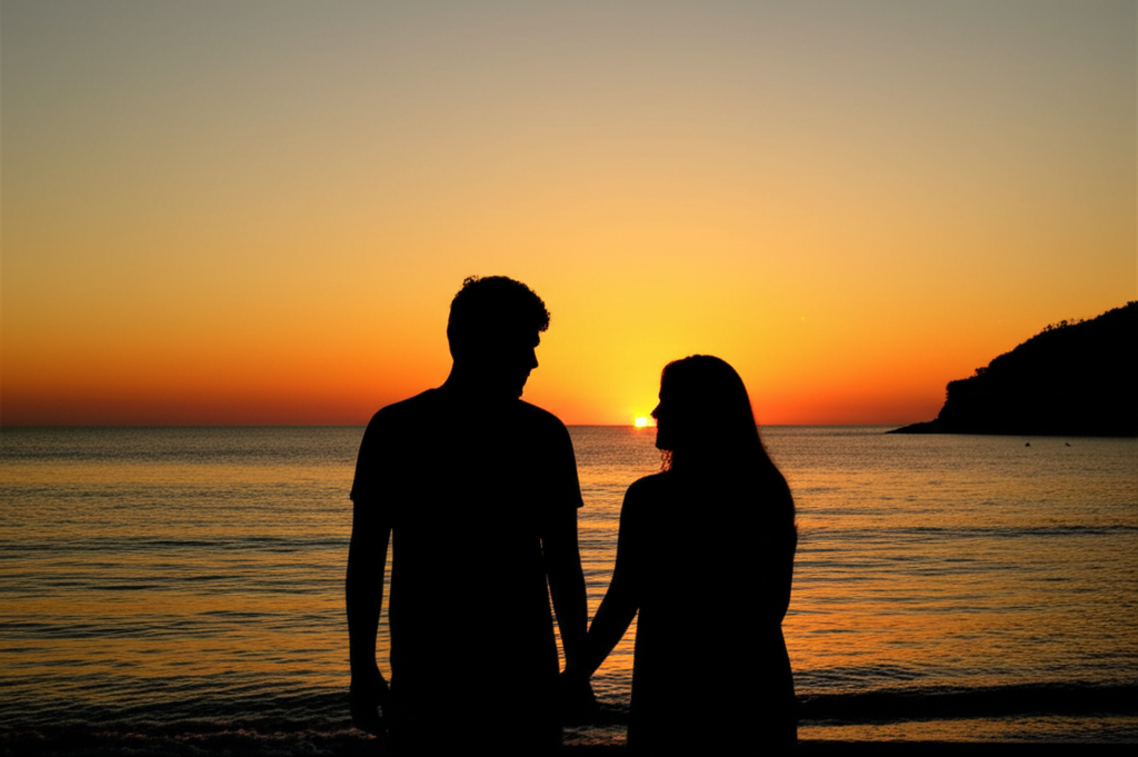 Casal de mãos dadas na praia de Ubatã ao entardecer, com o sol se pondo no horizonte.
