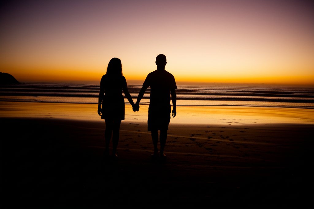 Casal caminhando na praia de São Sebastião durante o pôr do sol