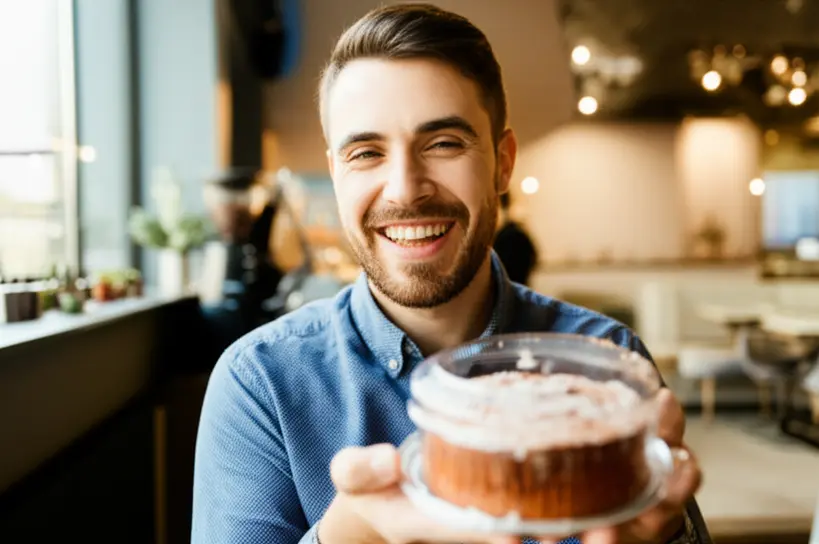 Cliente sorrindo ao segurar um bolo caseirinho em embalagem transparente, transmitindo satisfação e confiança