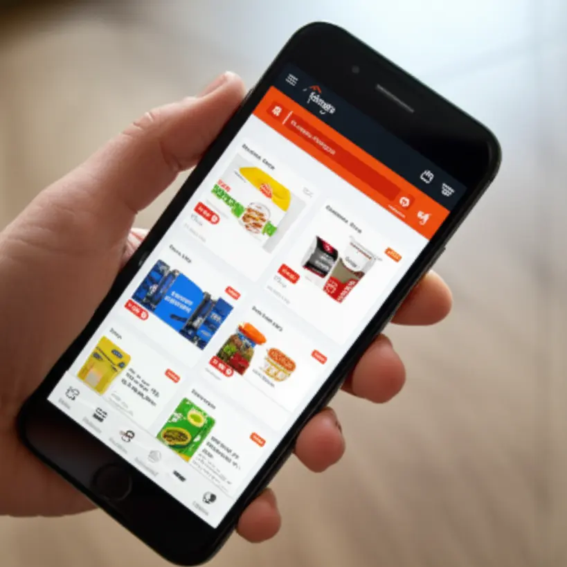 Mão segurando um smartphone com um aplicativo de comparação de preços de supermercado aberto.