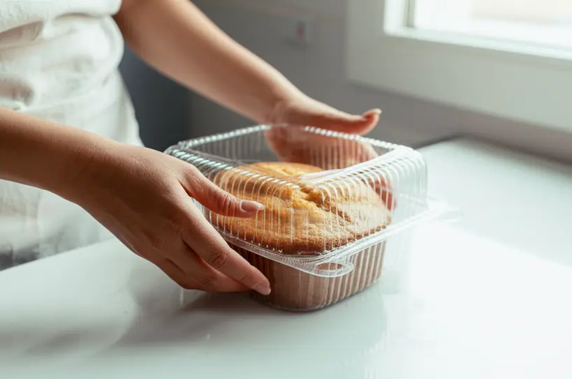 Mãos de confeiteira colocando um bolo caseirinho em uma embalagem transparente, mostrando o cuidado artesanal