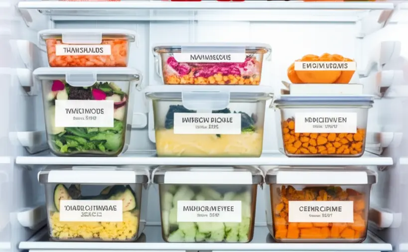 Cozinha organizada com potes de sobras Uma cozinha moderna e organizada com potes de vidro transparentes contendo sobras de alimentos etiquetadas e bem dispostas na geladeira, transmitindo uma sensação de limpeza e eficiência no reaproveitamento.