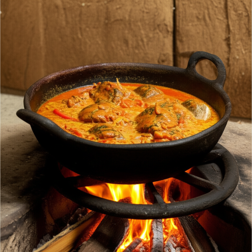 Moqueca de peixe sendo preparada em panela de barro sobre um fogão a lenha, em uma cozinha rústica de Ubatã.