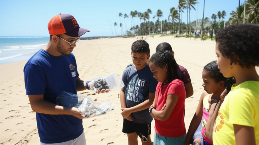 Crianças e adultos participando de uma oficina de educação ambiental em uma praia ensolarada, com um educador mostrando amostras de lixo marinho e explicando seu impacto, enquanto os participantes observam atentamente. Estilo: Foto Realista. Cenário: Praia de Santo Amaro. Plano de Fundo: Oceano e coqueiros. Iluminação: Natural, ensolarada. Lente: Normal. Angulo: Nível dos olhos. Paleta de Cores: Tons quentes do sol e azuis do mar. Formato: Paisagem 16x9.