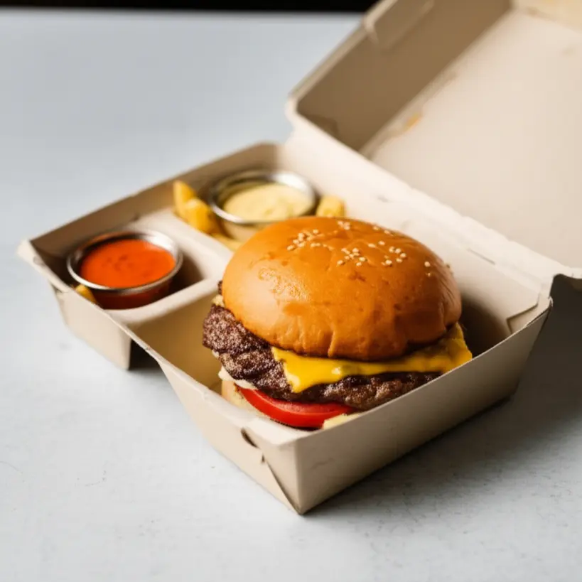 Embalagem de delivery com divisórias para hambúrguer, batatas e molhos, mantendo a organização e a qualidade dos alimentos.