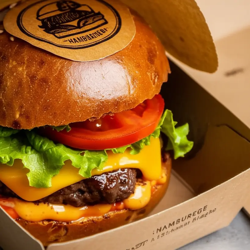 Hambúrguer artesanal em uma embalagem de papelão kraft ecológica, com o logotipo da hamburgueria, destacando a preocupação com a sustentabilidade