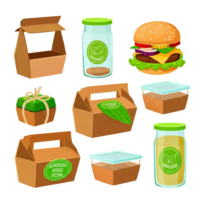 Ilustração de embalagens ecológicas e sustentáveis para hamburguerias artesanais, com foco em materiais biodegradáveis