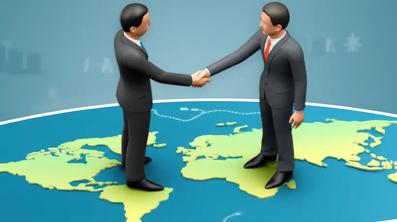 Ilustração 3D de empresários representando Brasil e EUA apertando as mãos sobre um mapa-múndi, simbolizando acordos comerciais e diplomacia.