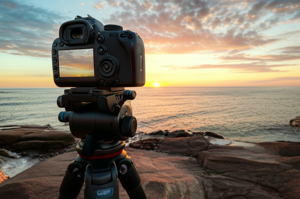 Equipamento fotográfico profissional em uma praia rochosa, com um pôr do sol vibrante ao fundo.