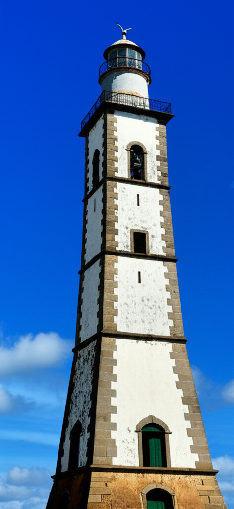 Vista detalhada da torre do Farol de Porto Seguro, mostrando a arquitetura colonial e a alvenaria, com céu azul ao fundo.
