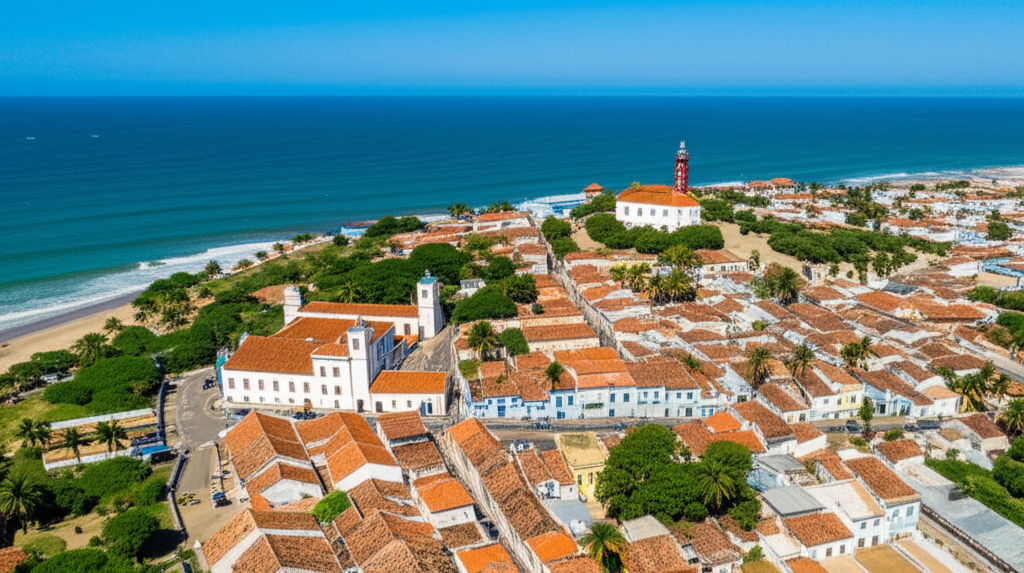 Perspectiva aérea do Farol de Porto Seguro e da Cidade Histórica ao redor, com o oceano Atlântico ao fundo.