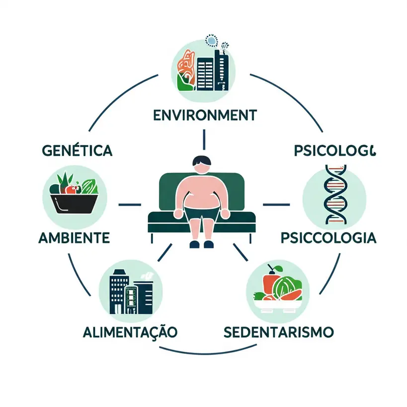 Ilustração de fatores interligados que causam obesidade