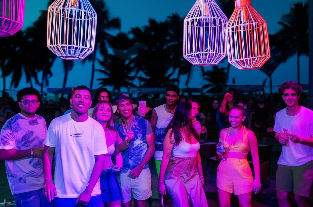 Jovens dançando em uma festa na praia em Morro de São Paulo sob luzes coloridas e coqueiros.