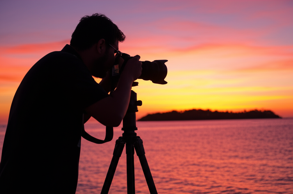 Um fotógrafo com tripé e câmera profissional capturando a beleza do pôr do sol em Itaparica, com a silhueta da ilha ao fundo e o céu em tons vibrantes.