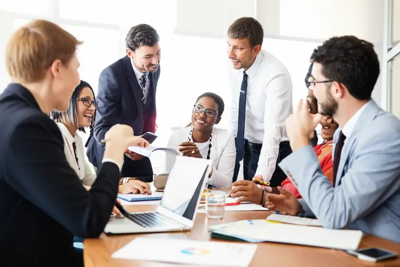 Um grupo diversificado de profissionais de diferentes idades e etnias colaborando ativamente em uma reunião de negócios, trocando ideias e sorrindo. Eles estão sentados em uma mesa moderna com laptops e documentos, em um escritório com iluminação natural e um plano de fundo desfocado.