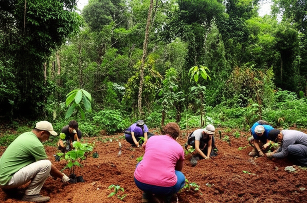 Grupo de pessoas plantando mudas de árvores em uma área de reflorestamento na Mata Atlântica em Ubatã, simbolizando o esforço de conservação e a recuperação ambiental.