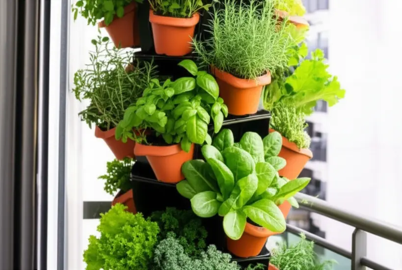 Horta vertical em uma varanda de apartamento, com vasos de plantas como manjericão, alface e tomate cereja, demonstrando o aproveitamento de espaço em ambiente urbano.