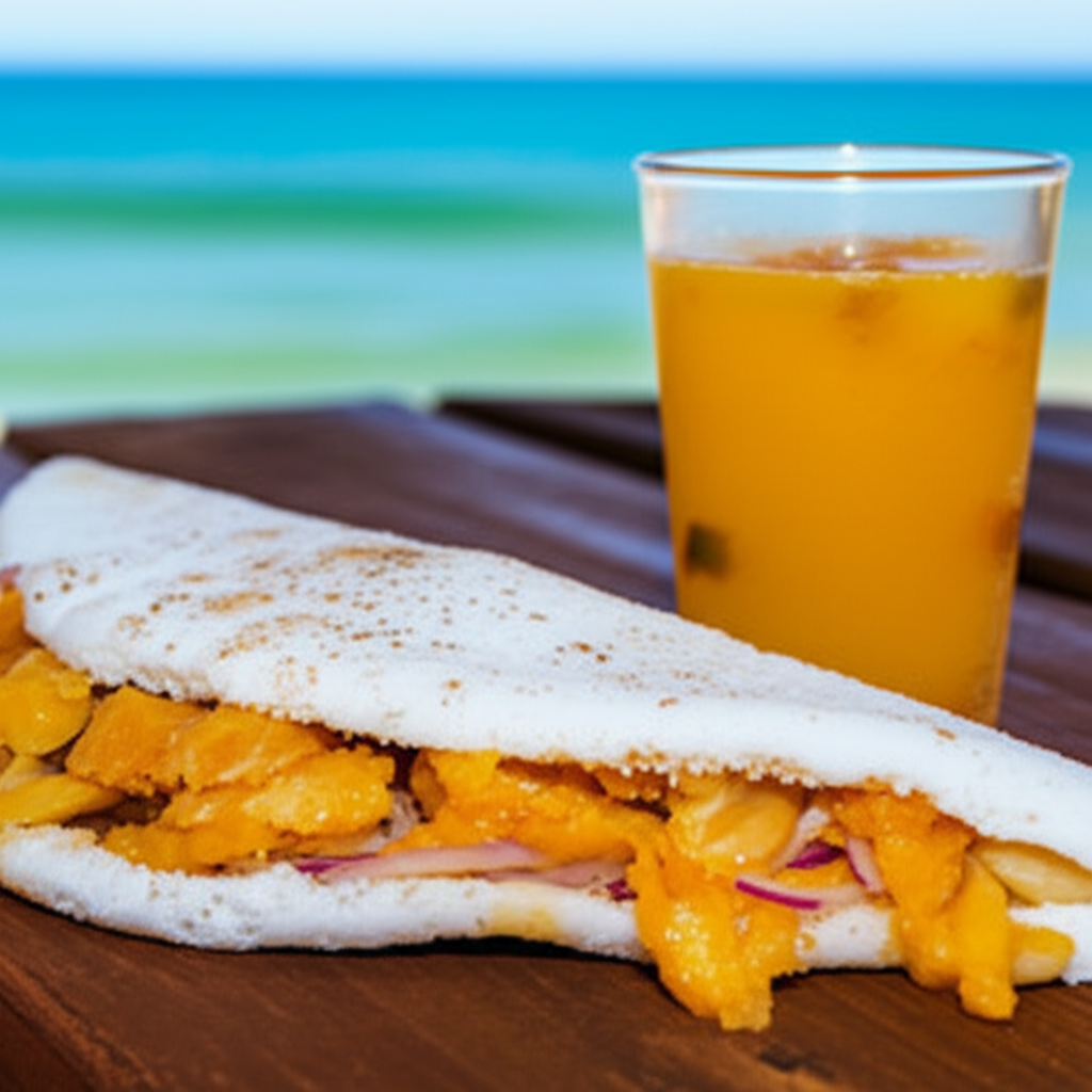 Close-up de uma tapioca recheada e um copo de suco de laranja fresco, em uma mesa de madeira rústica com o mar de Porto Seguro desfocado ao fundo.