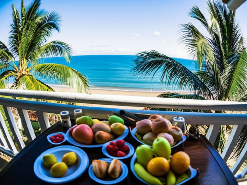 Vista panorâmica de uma varanda de pousada em Porto Seguro, mostrando uma mesa de café da manhã com frutas e pães, e o mar azul com coqueiros ao fundo.