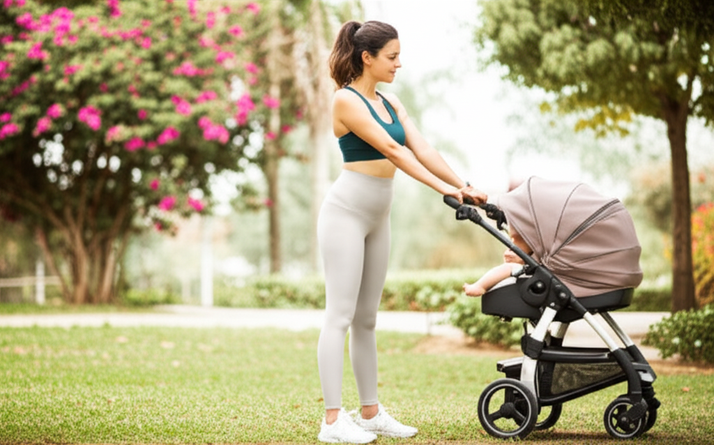 Mãe fazendo alongamento leve ao ar livre, com um bebê em um carrinho próximo, simbolizando a retomada gradual de atividades físicas e o cuidado com o bem-estar.