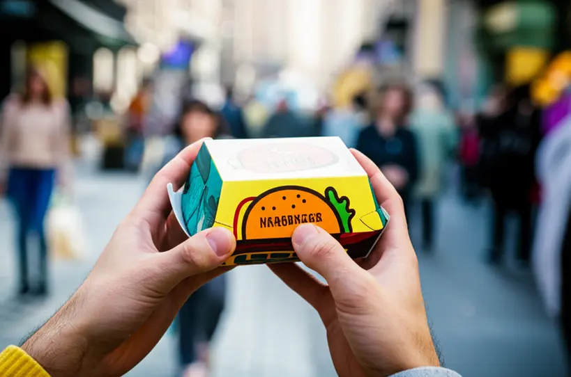 Mãos segurando uma embalagem de hambúrguer artesanal personalizada com design criativo em um cenário urbano