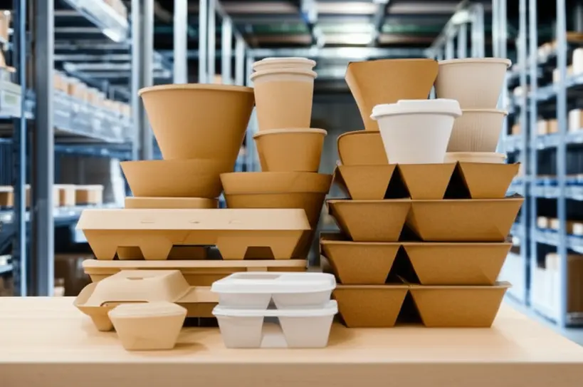 Diversos tipos de embalagens ecológicas e sustentáveis para alimentos, incluindo papel kraft e bioplásticos, destacando a preocupação ambiental.