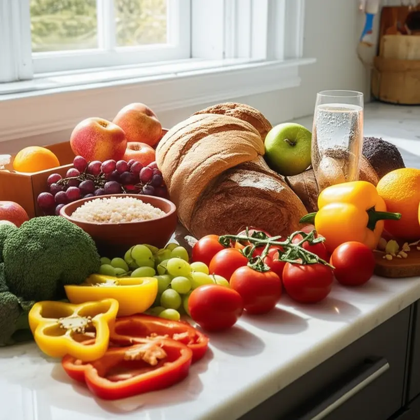 Mesa com frutas, vegetais, grãos integrais e água, promovendo alimentação saudável